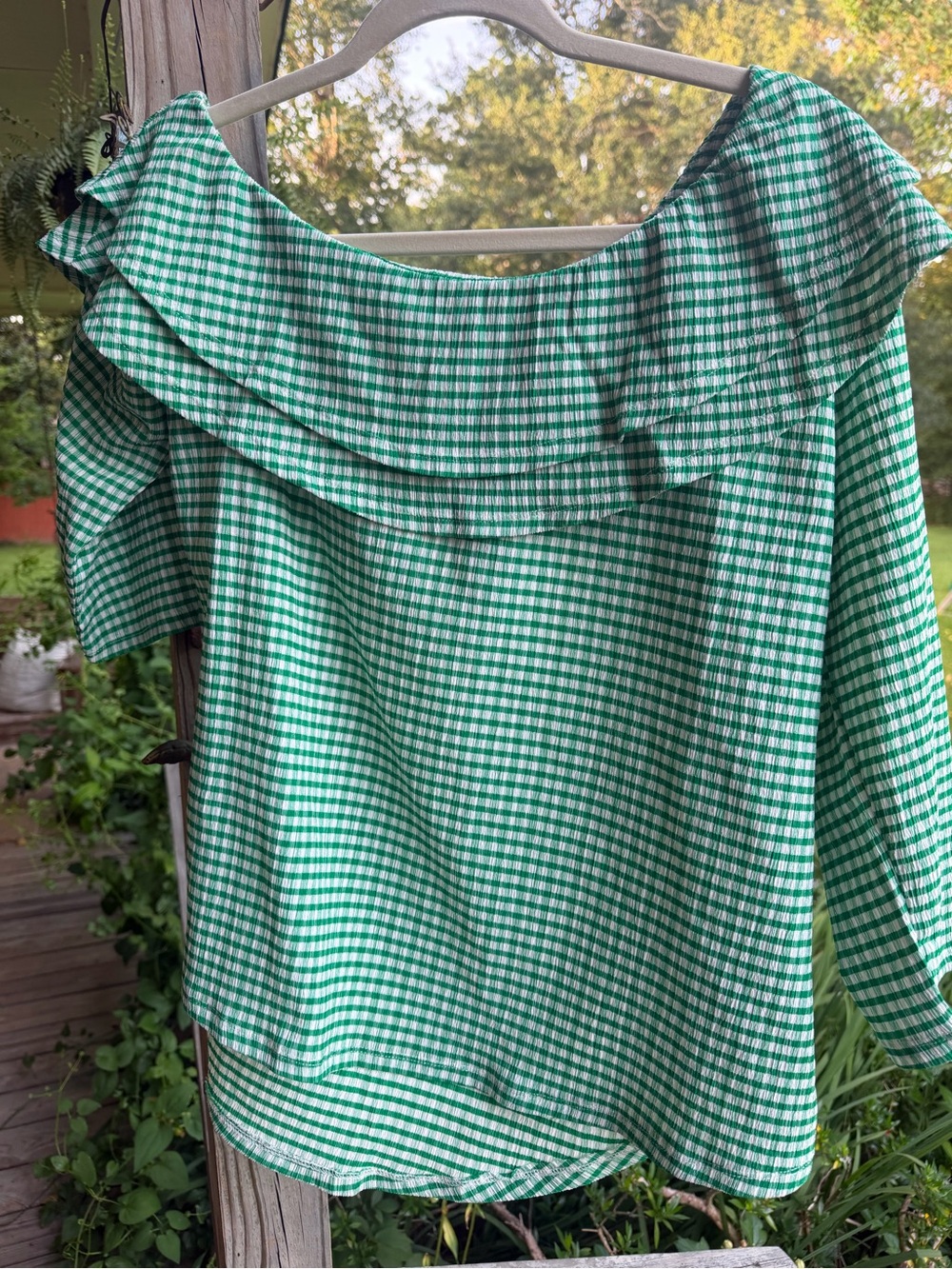 Cato Green Gingham Ruffle Neck Blouse